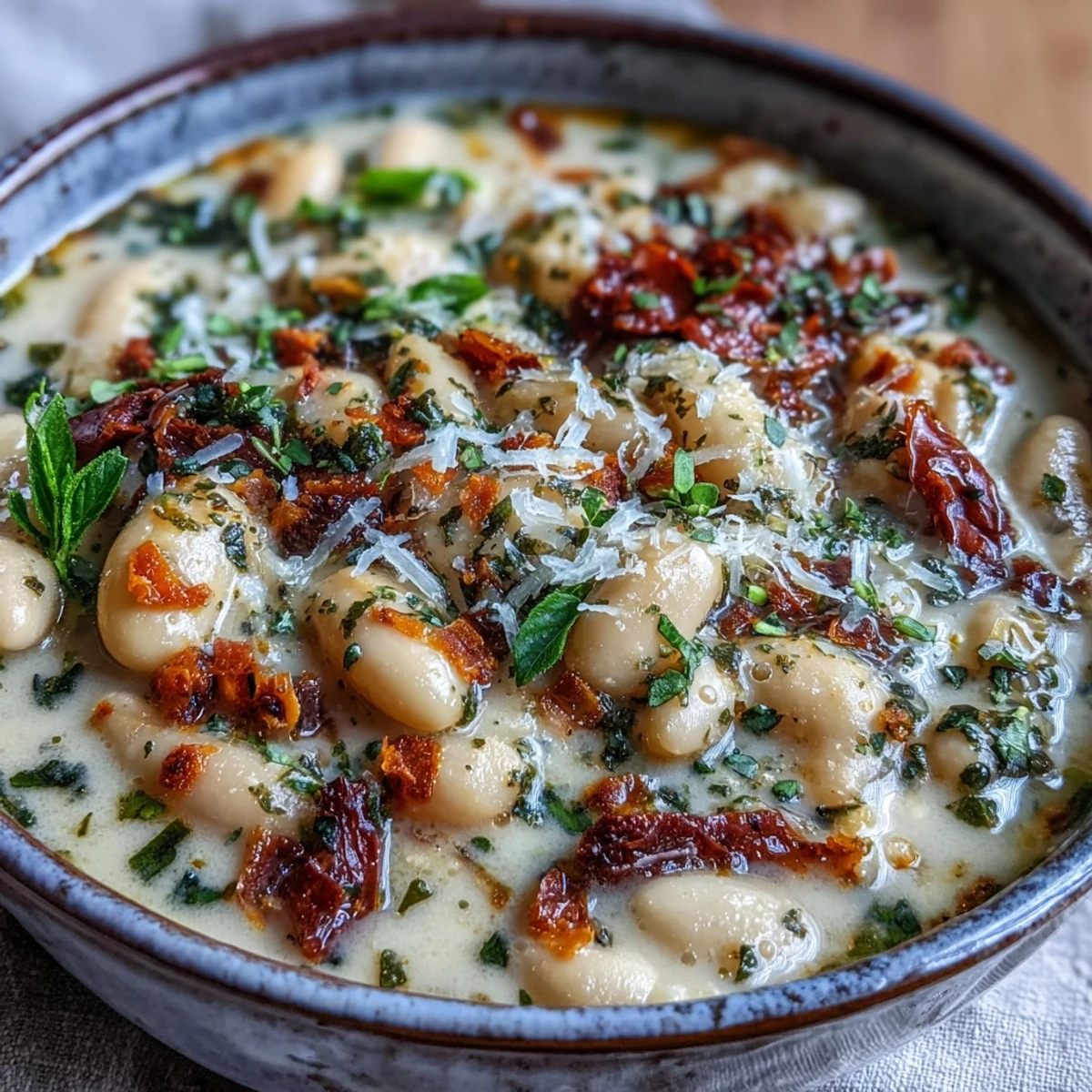 Creamy Tuscan White Bean Soup topped with fresh parsley and a swirl of olive oil, family-style in pot.