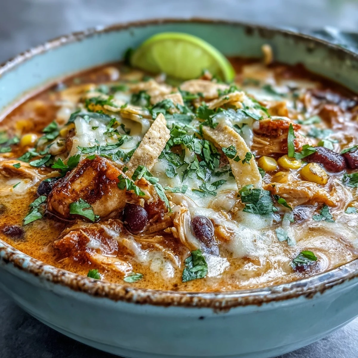 Creamy, Tex-Mex Easy Chicken Tortilla Soup served in a rustic bowl with cheddar and a drizzle of lime.