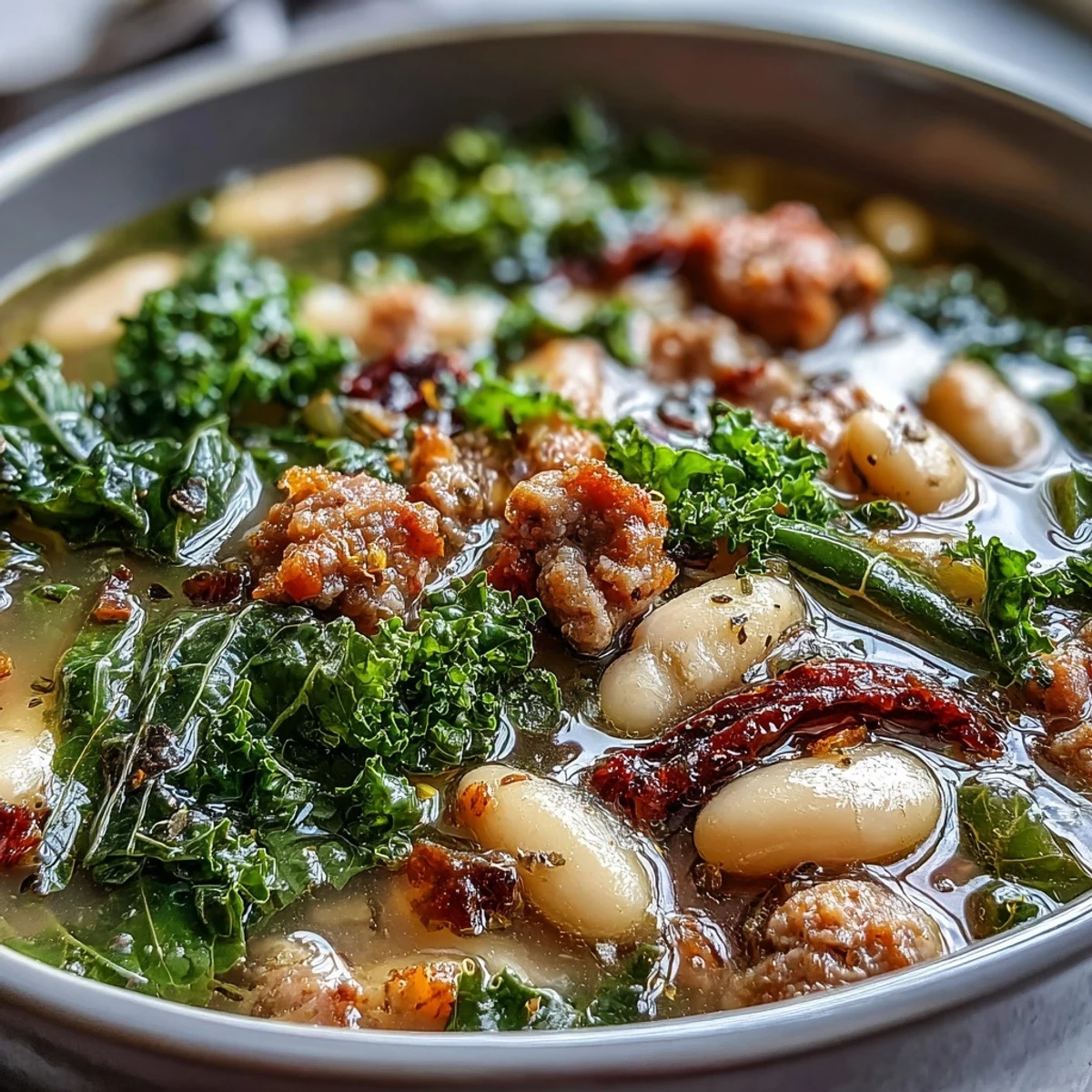 Rustic Italian White Bean Soup with Kale and Sausage simmering in a pot, rich with roasted garlic and served alongside crusty bread.