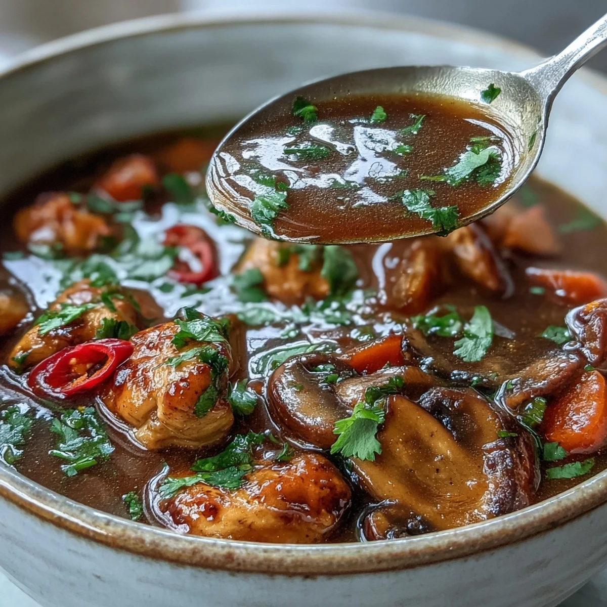 Thai Coconut Curry Soup with chicken thighs, carrots, and mushrooms, topped with cilantro and lime wedges.