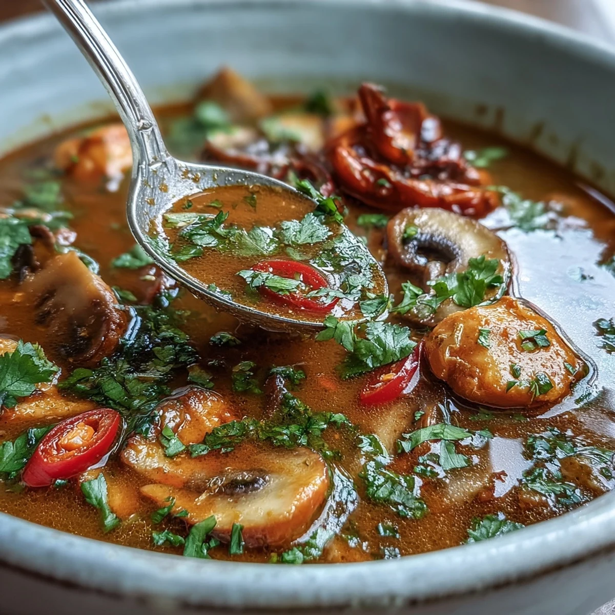 Fragrant Thai Coconut Curry Soup garnished with chili slices and cilantro, served alongside fresh lime wedges.