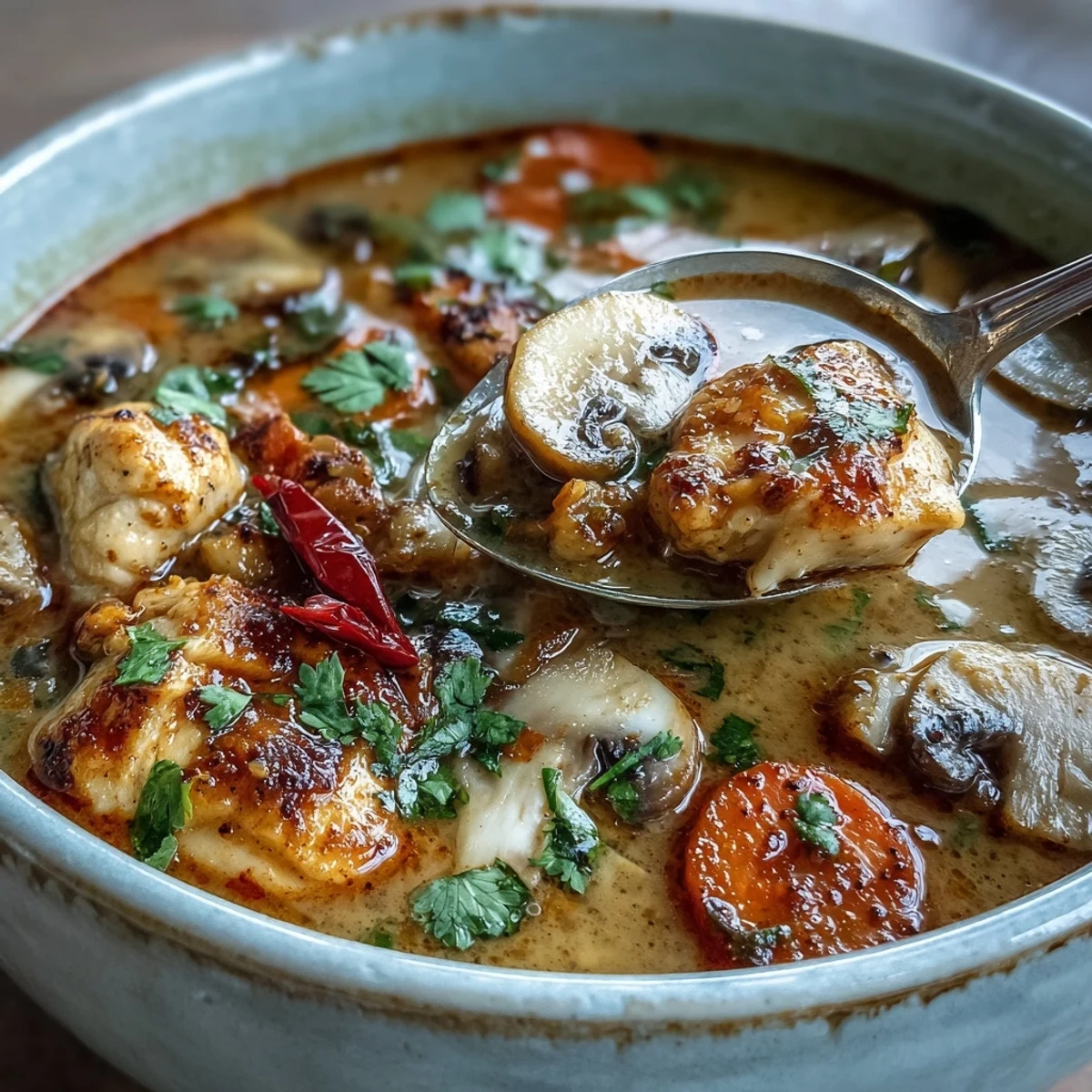 Creamy Thai Coconut Curry Soup in a white bowl, featuring tender chicken and jasmine rice in red curry broth.