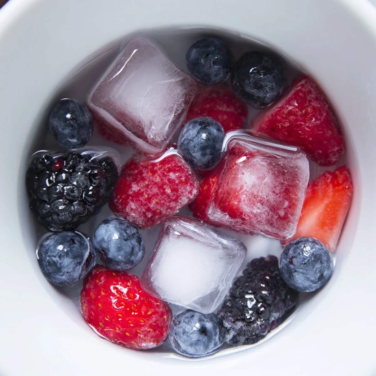 Natures Cereal Bowl served in a clear glass with bright, antioxidant-rich berries and ice.