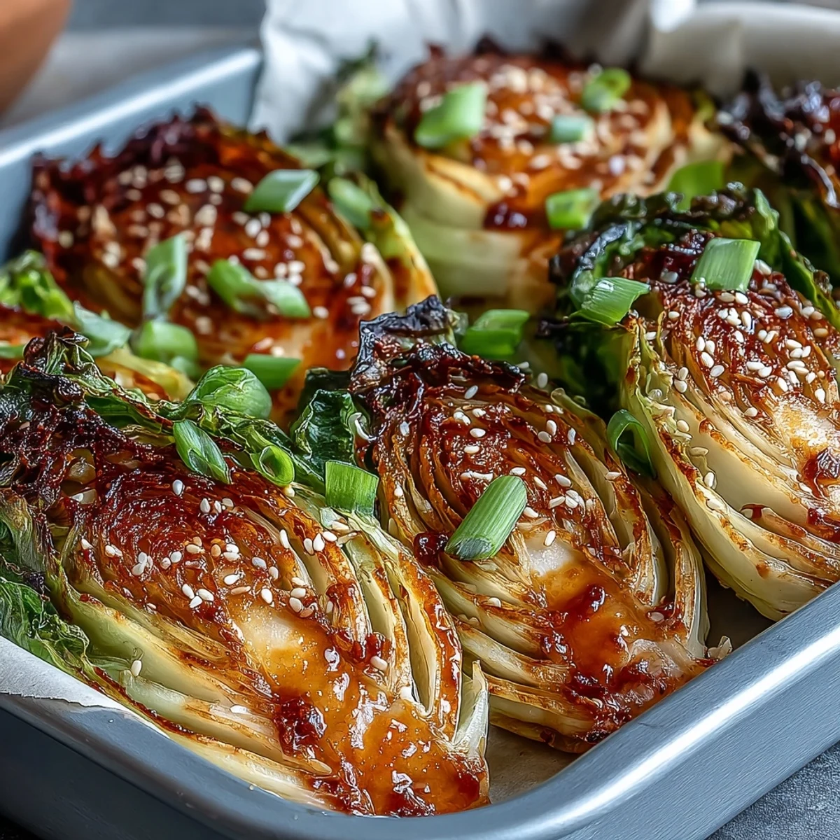 Golden brown Miso Butter Roasted Cabbage Wedges drizzled with savory glaze on a white plate.