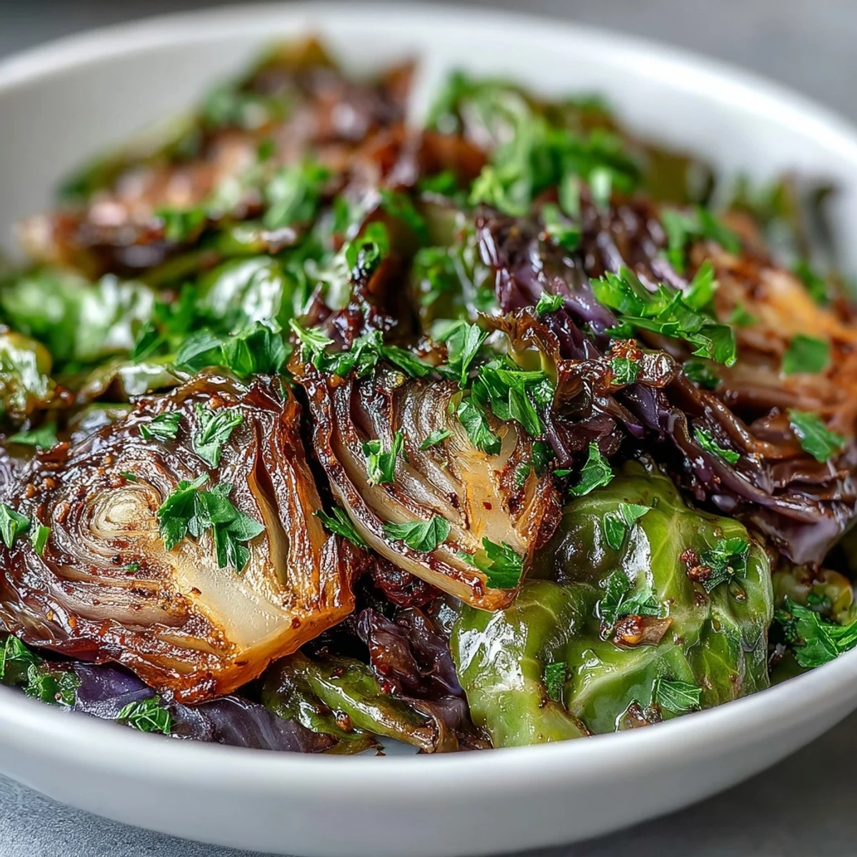 Sautéed Cabbage With Garlic and Mediterranean Spices sizzling in a skillet, seasoned with cumin and paprika and topped with fresh parsley, served with lemon wedges.