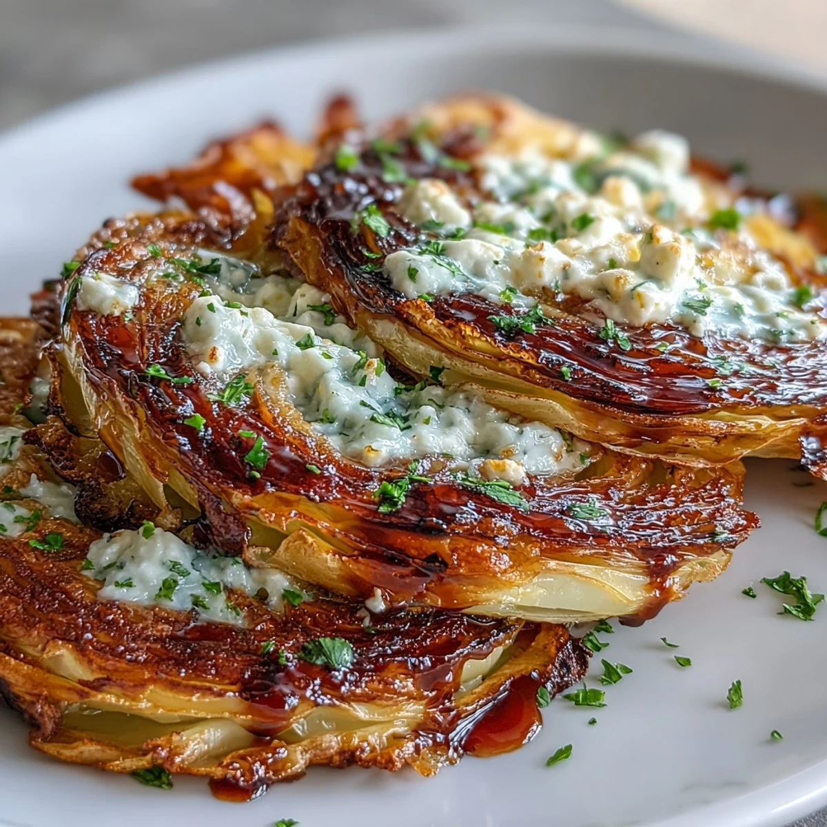Serving Crispy Cabbage Steaks With Feta and Balsamic as a Mediterranean side dish garnished with fresh parsley.