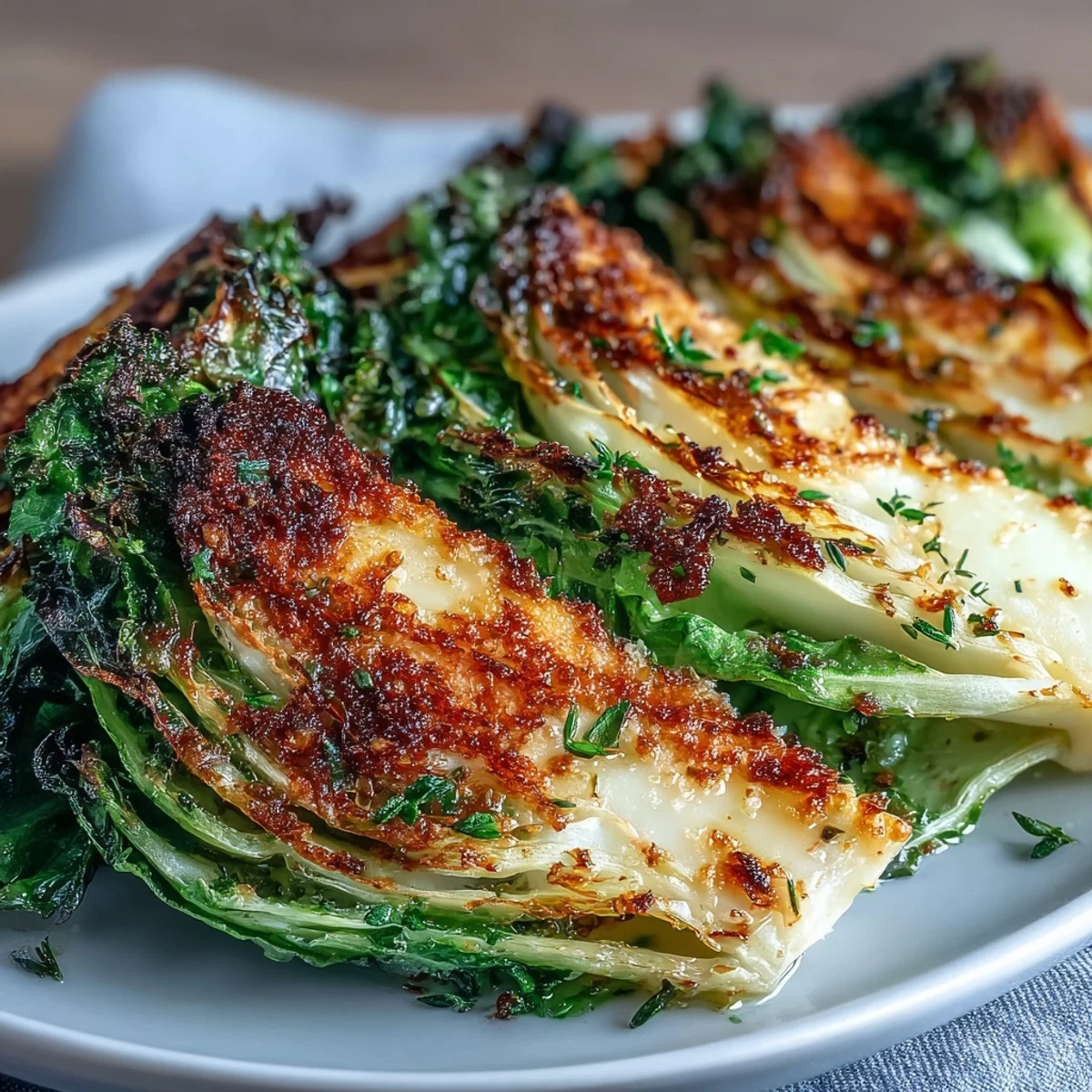 Golden, crispy-edged Roasted Garlic Parmesan Cabbage Wedges served hot as a savory vegetarian side dish.