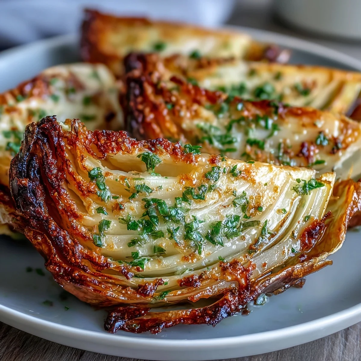 Deeply caramelized Roasted Garlic Parmesan Cabbage Wedges with minced garlic oil and melty Parmesan topping.