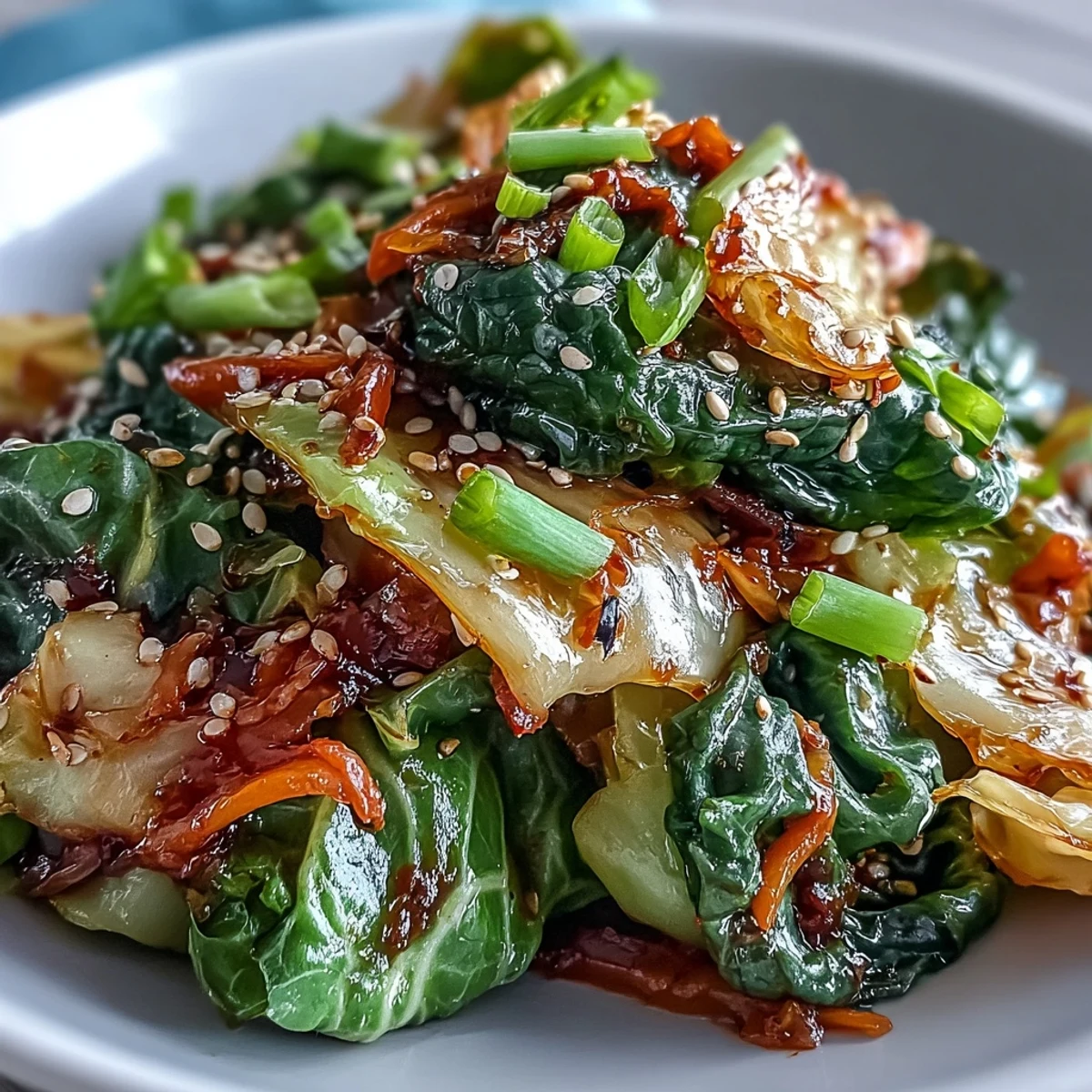 Garnished Hot and Sour Cabbage with toasted sesame seeds and sliced scallions, served alongside fluffy steamed rice for a satisfying vegan meal.