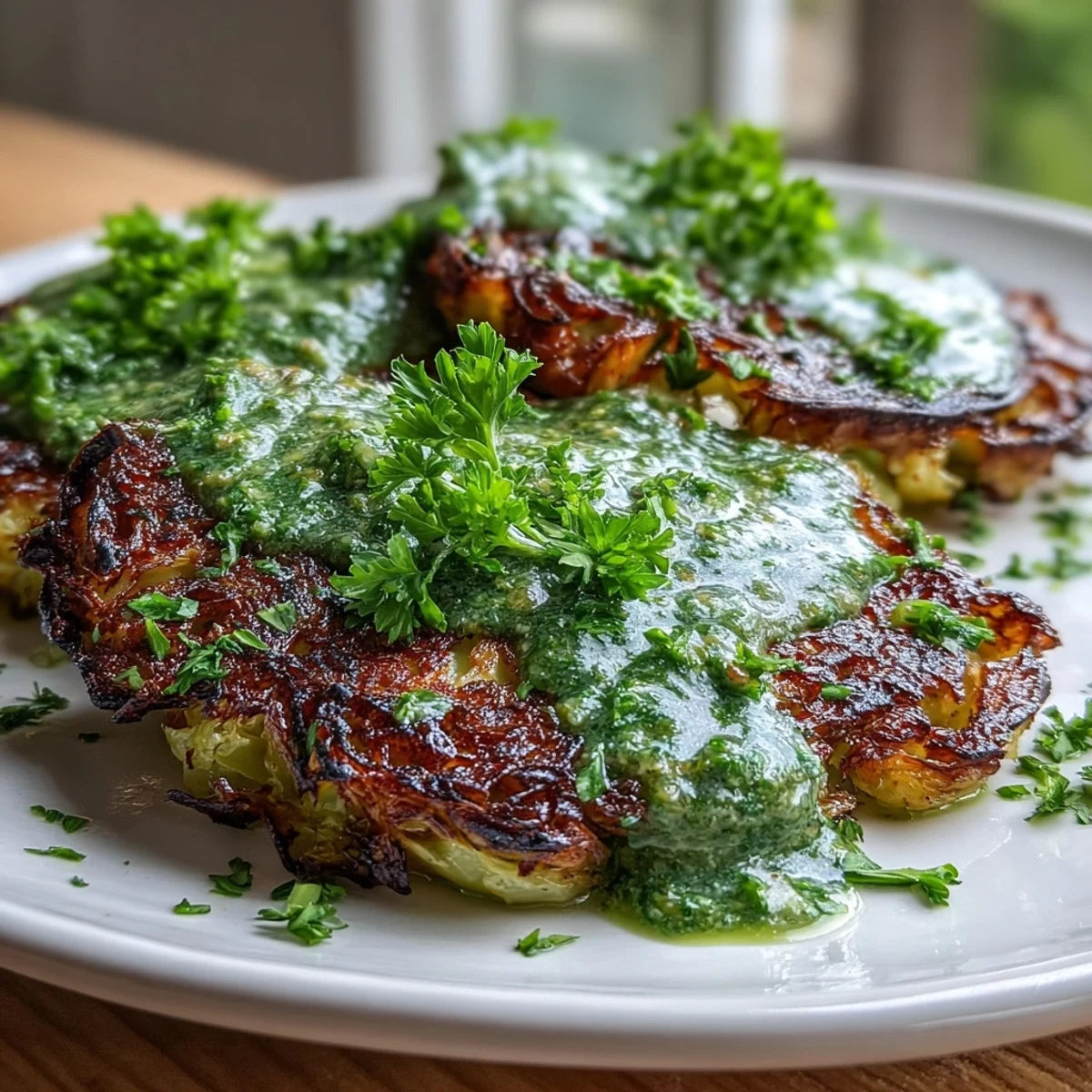 Roasted cabbage steaks with jalapeño chimichurri on a white plate for a vegan main dish.
