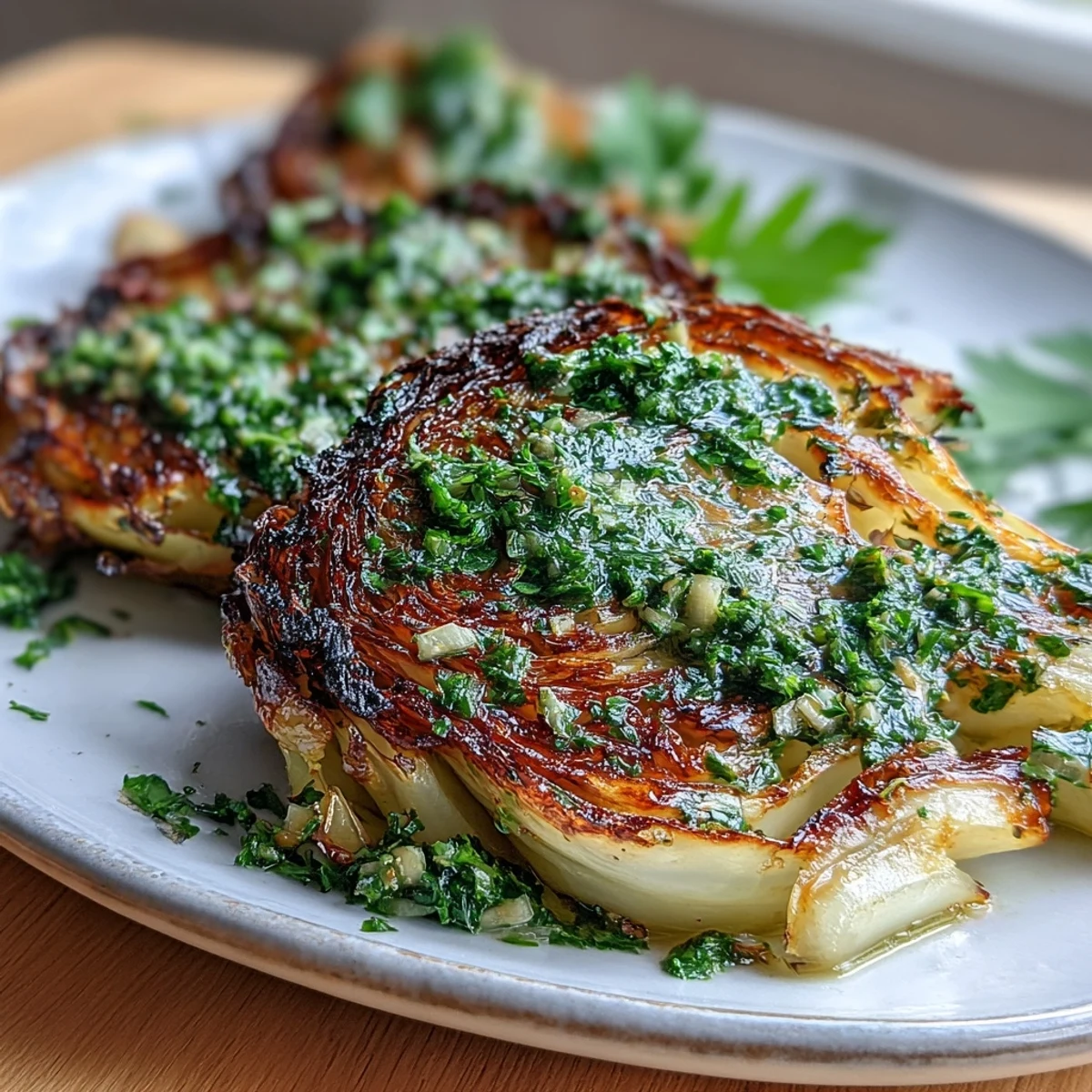 Cabbage steaks with jalapeño chimichurri served with grains for a plant based meal.