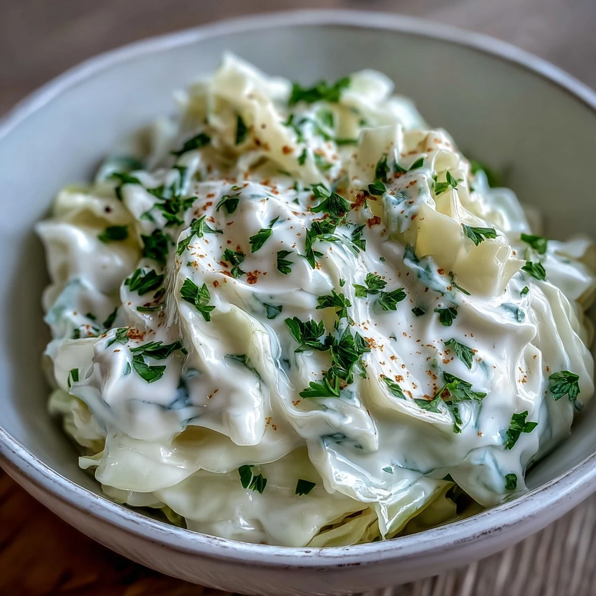 Creamed Cabbage served warm as a side dish with a light creamy sauce and fresh parsley garnish