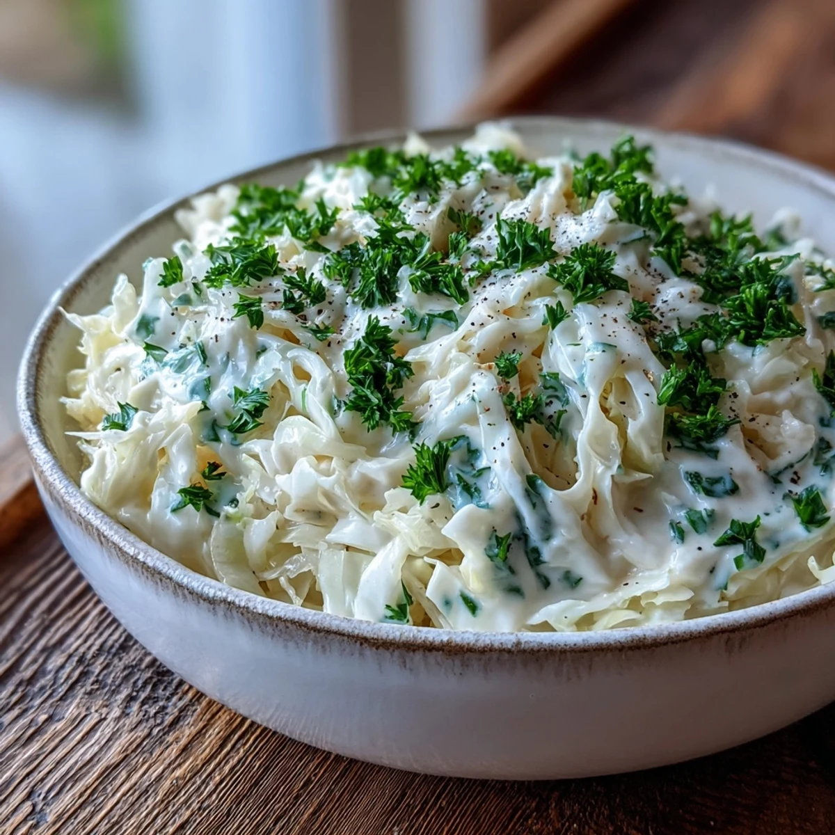 A close-up of silky Creamed Cabbage with a creamy nutmeg sauce, paired with crusty bread for dinner