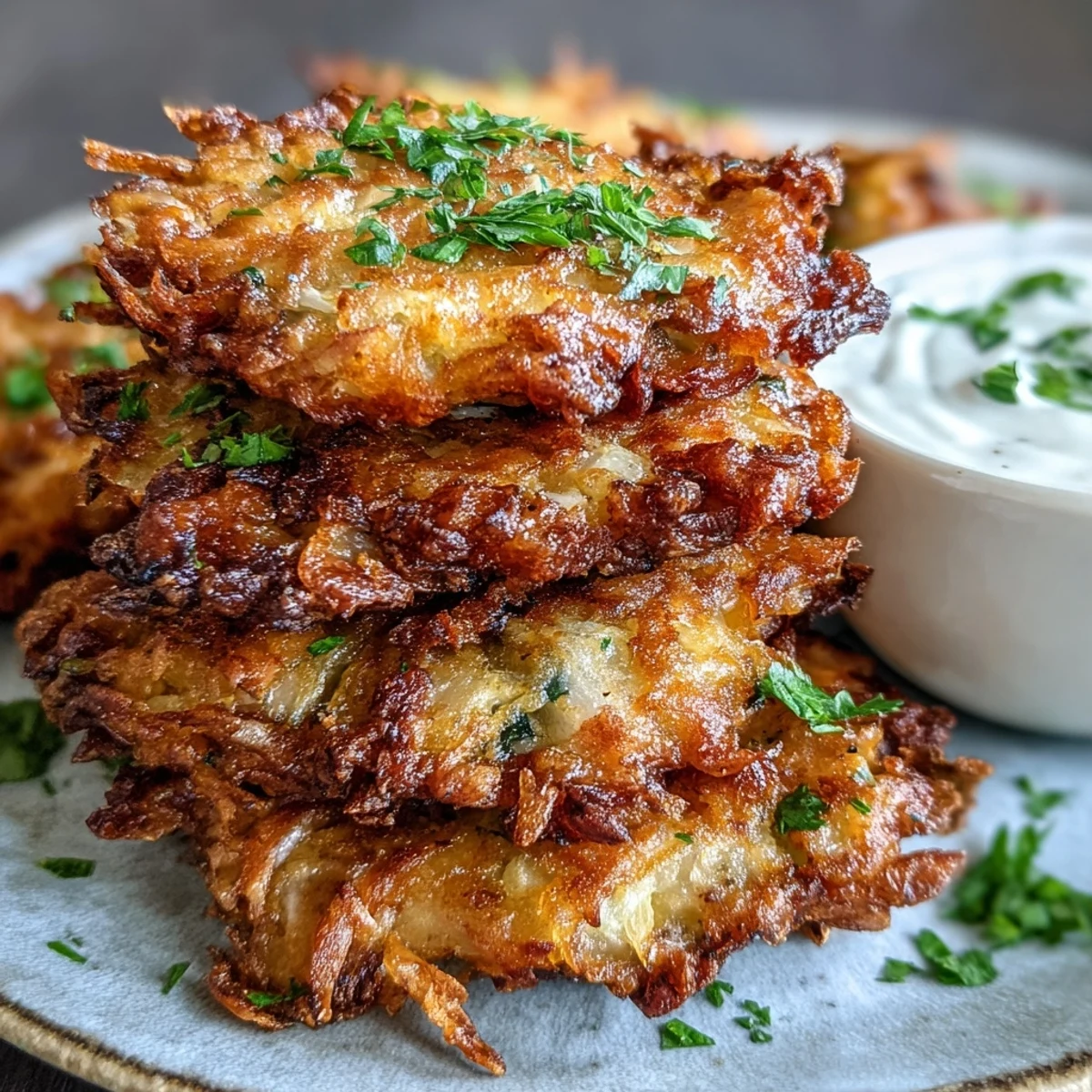 Golden-brown Cabbage Fritters With Dipping Sauce arranged on a white plate with a small bowl of creamy dip.