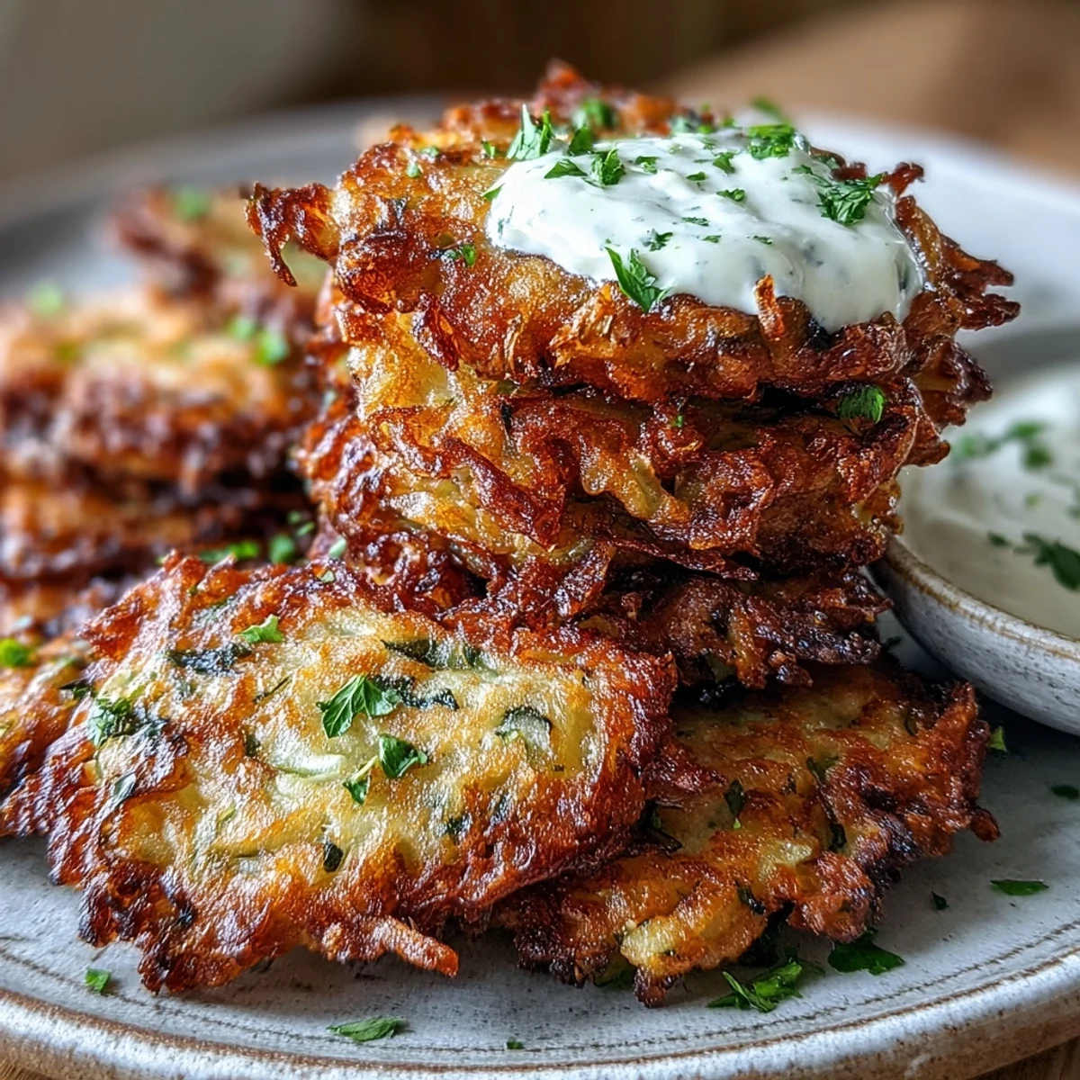 Close-up of Cabbage Fritters With Dipping Sauce highlighting crunchy edges and a tangy yogurt-based sauce.