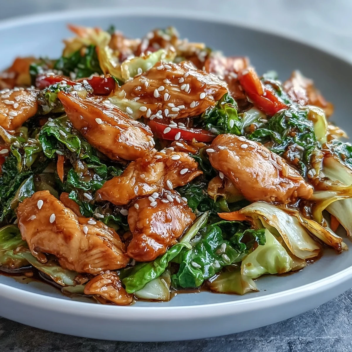 Sizzling chicken, julienned carrots, and fresh green onions mingle in a steamy skillet, creating a delectable Chicken Cabbage Stir-Fry for a quick weeknight meal.