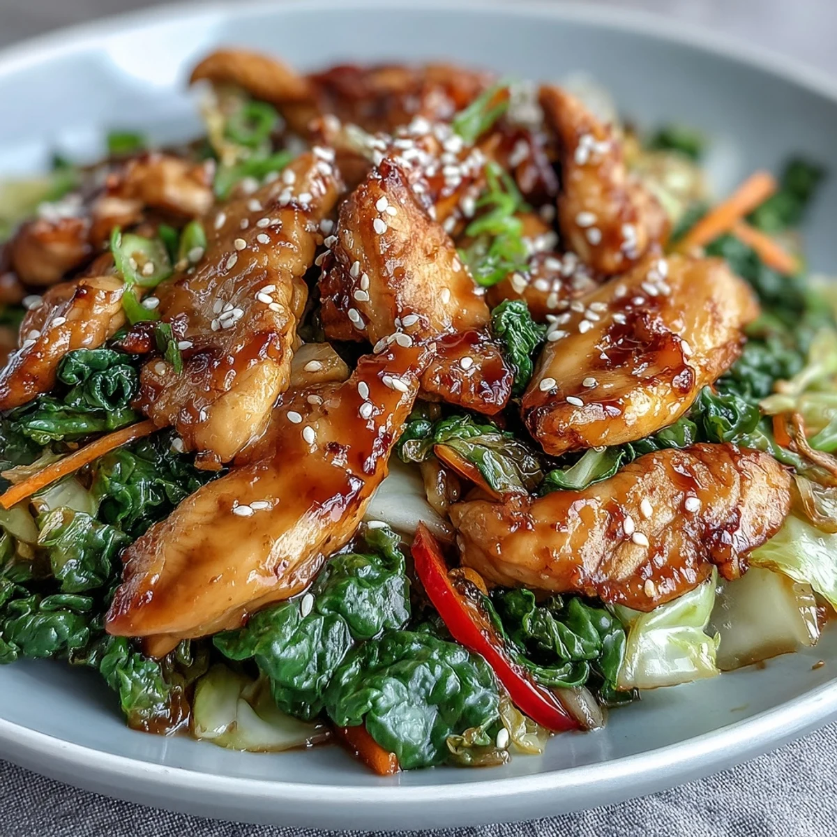 Golden-brown sliced chicken and vibrant red bell peppers in a glossy, savory sauce are tossed with crisp cabbage in a hot wok.