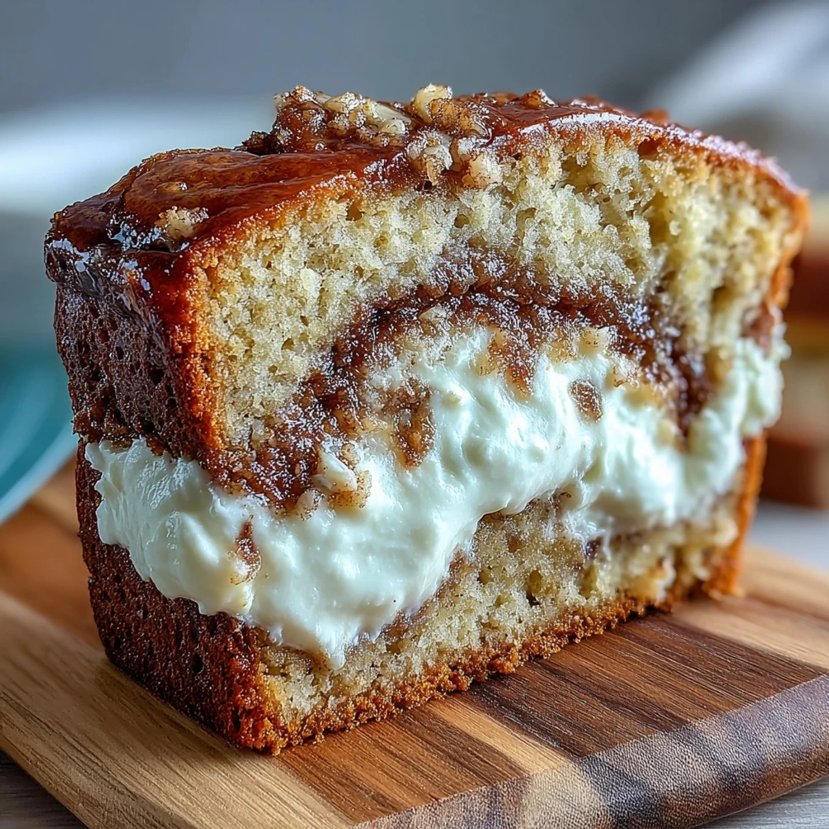 Freshly sliced Cream Cheese Cinnamon Swirl Banana Bread reveals moist layers with a rich cream cheese filling and warm cinnamon sugar topping.