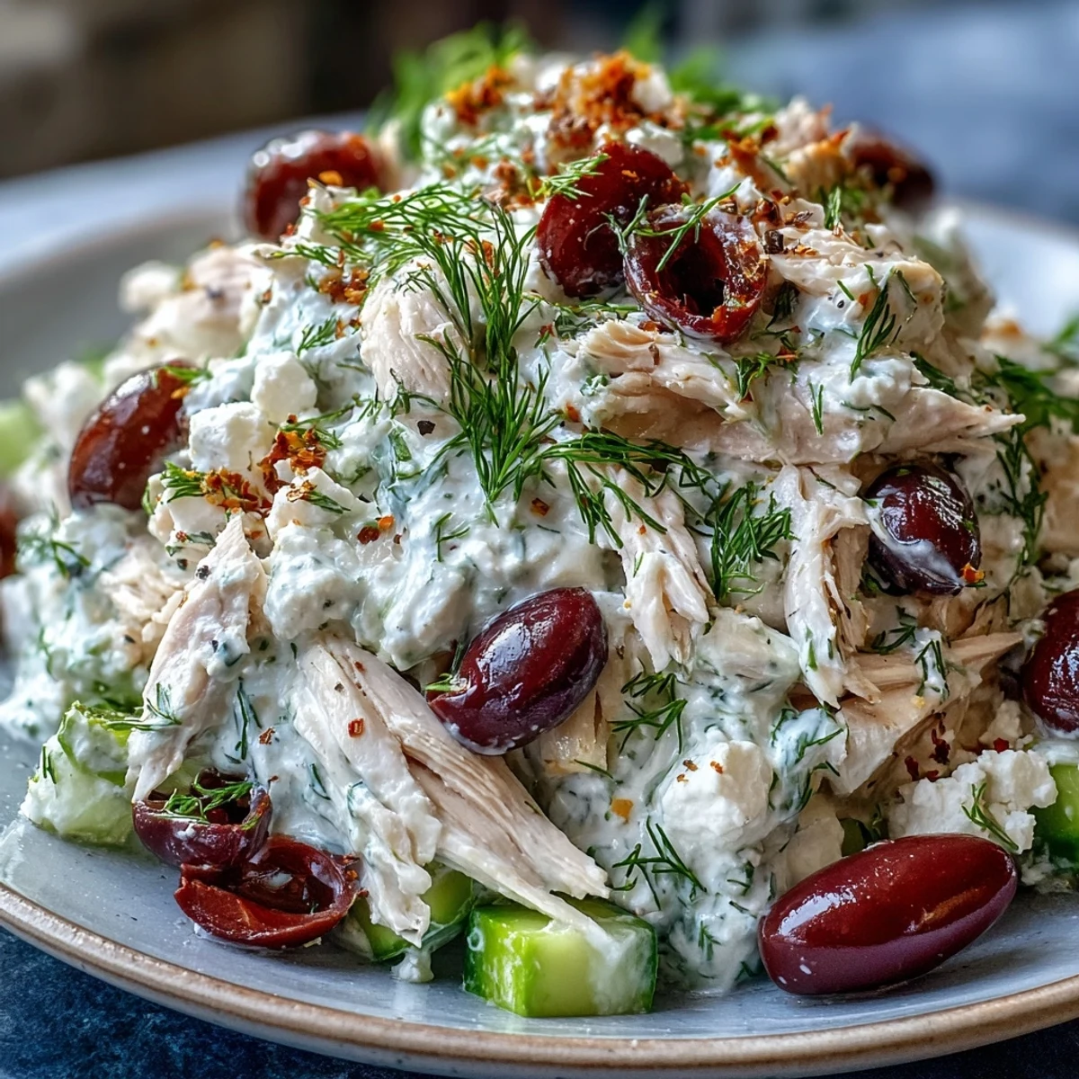 A chilled bowl of Tzatziki Chicken Salad topped with feta and kalamata olives, ready to serve.