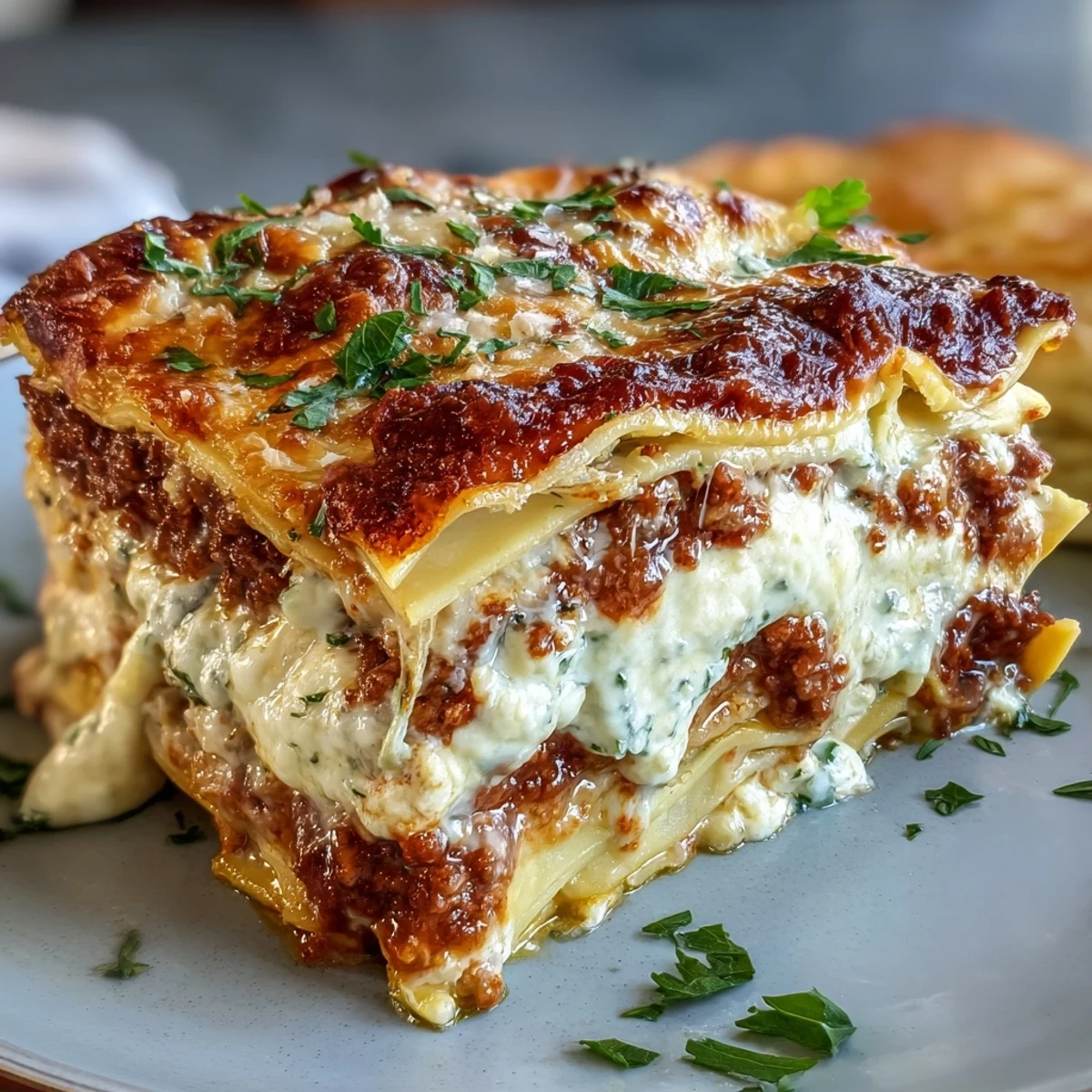 Close-up of uncooked Worlds Best Lasagna layers with pasta noodles, meat sauce, and cheeses.
