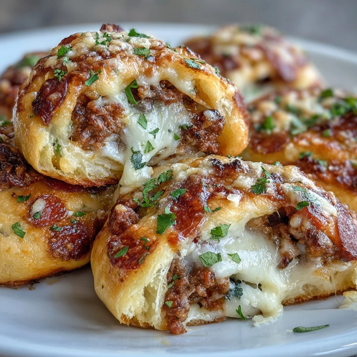 Freshly baked Irresistible High Protein Pepperoni Pizza Rolls on a rustic wooden board, topped with melty mozzarella and fresh parsley.