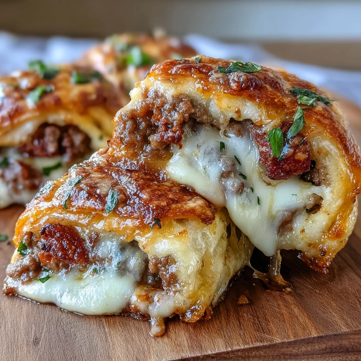 Sliced Irresistible High Protein Pepperoni Pizza Rolls revealing layers of pepperoni, beef, and gooey cheese, served with a side of marinara.