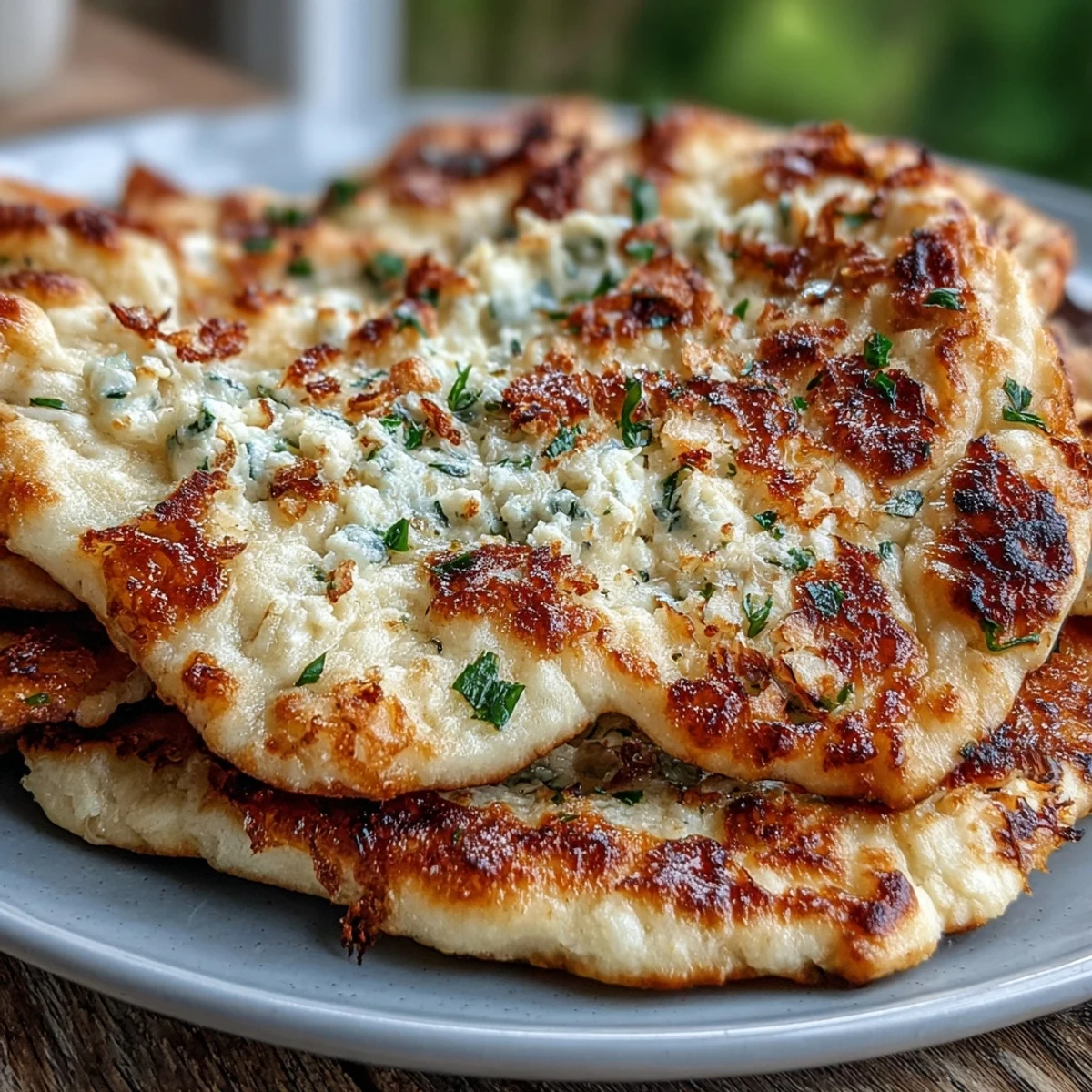 Freshly baked Easy Garlic Naan Bread with soft, fluffy interior and bubbly surface, served warm alongside a bowl of creamy butter chicken.