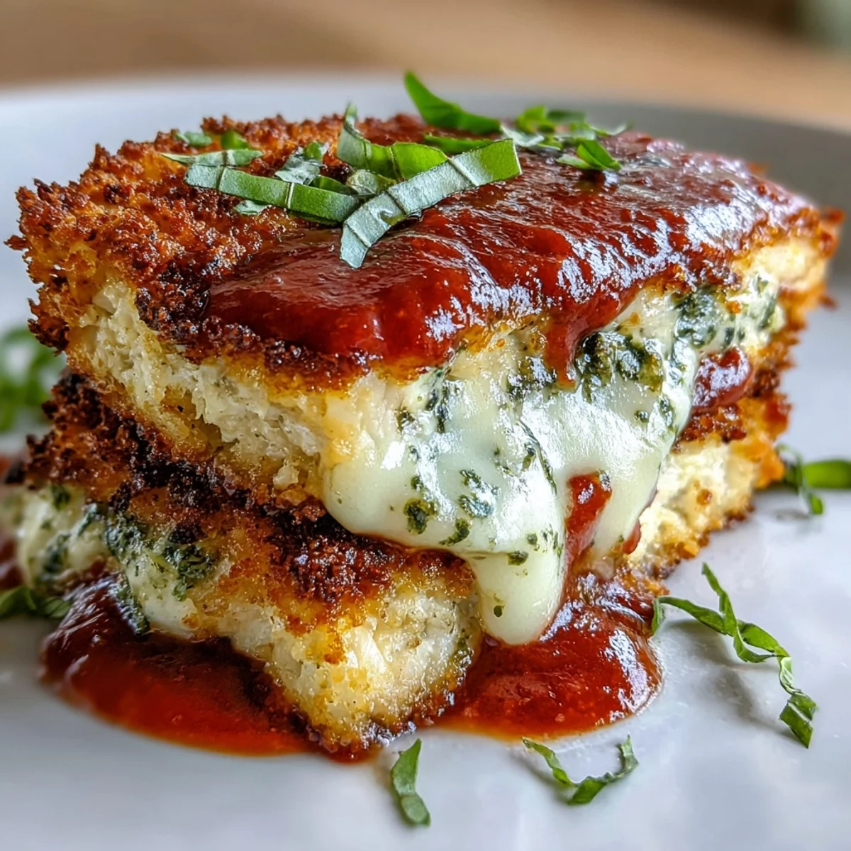 Golden-brown Pesto Chicken Parmesan fresh from the oven, topped with bubbly mozzarella and fresh basil.