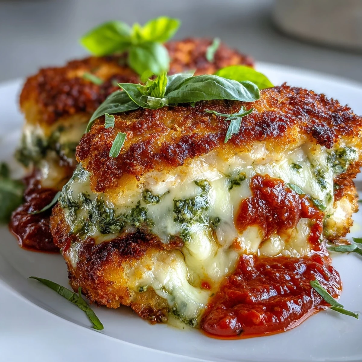 Plated Pesto Chicken Parmesan served alongside spaghetti and garlic bread for a family dinner.