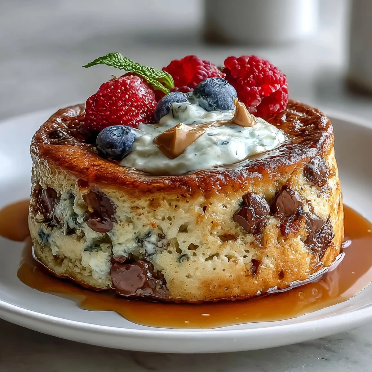 Golden-brown Baked Protein Pancake Bowl fresh from the oven, topped with peanut butter and maple syrup for a delicious high-protein breakfast.