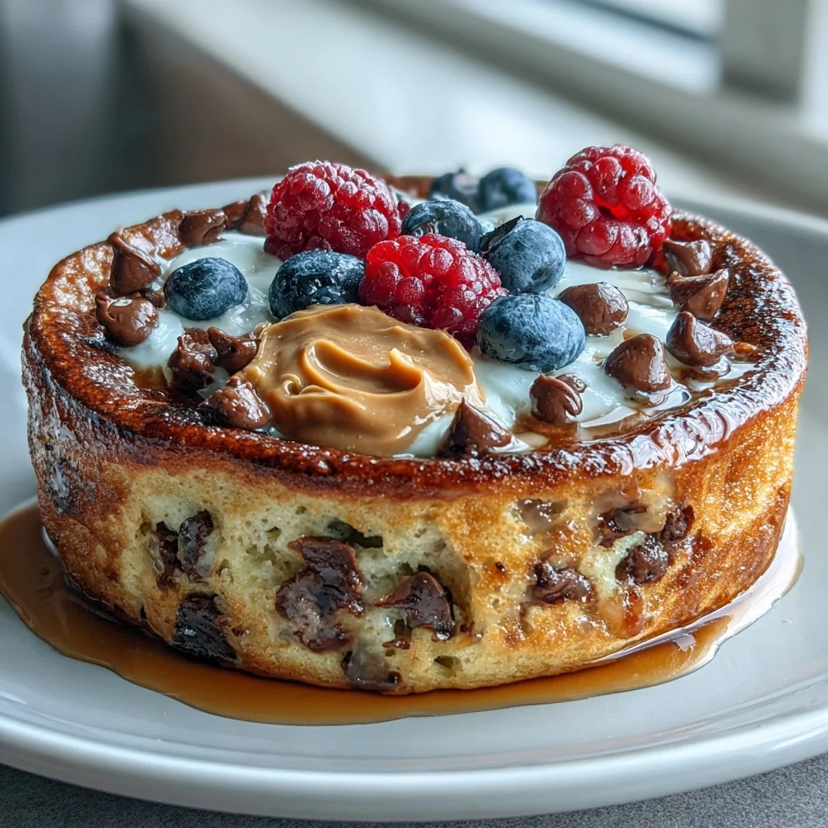 Single-serve Baked Protein Pancake Bowl with a fluffy texture and chocolate chips, ready to enjoy with fresh berries and a dollop of yogurt.