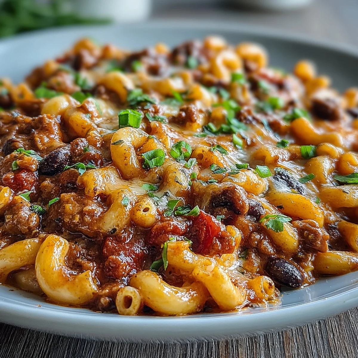 One-Pan High Protein Chili Mac recipe plated with crunchy tortilla chips and a dollop of sour cream for serving.