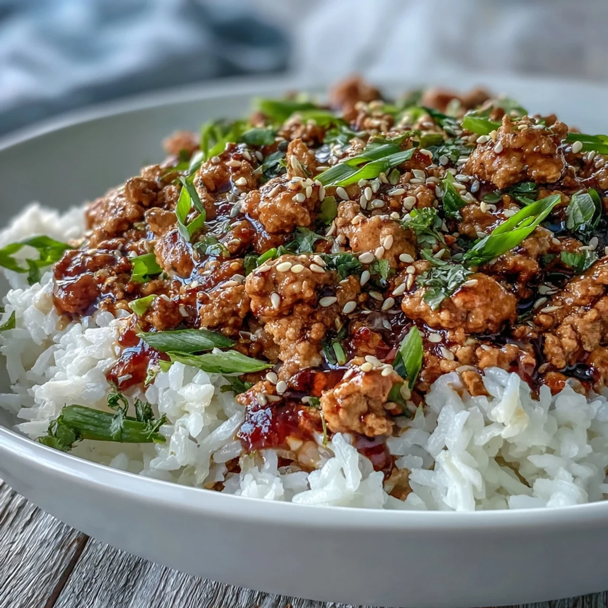 A close-up of Korean-Style Ground Turkey spooned over steamed rice, garnished with chives and toasted sesame seeds, ideal for a quick weeknight meal.
