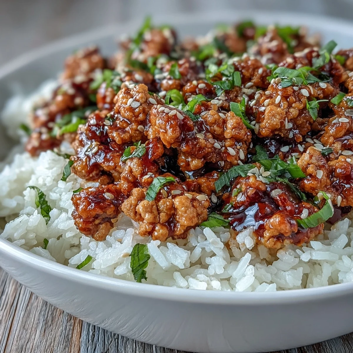 Colorful bowl of Korean-Style Ground Turkey served with fresh chives, sesame seeds, and sautéed vegetables, showcasing an easy, dairy-free family dinner.