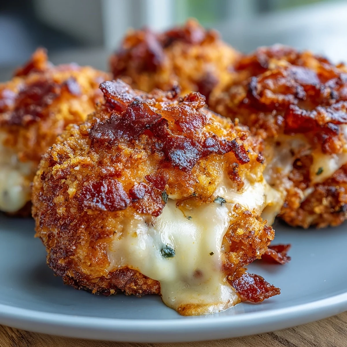 Golden-brown Buffalo Chicken Bacon Mozzarella Bombs resting on a plate, drizzled with extra buffalo sauce and garnished with bacon crumbles.