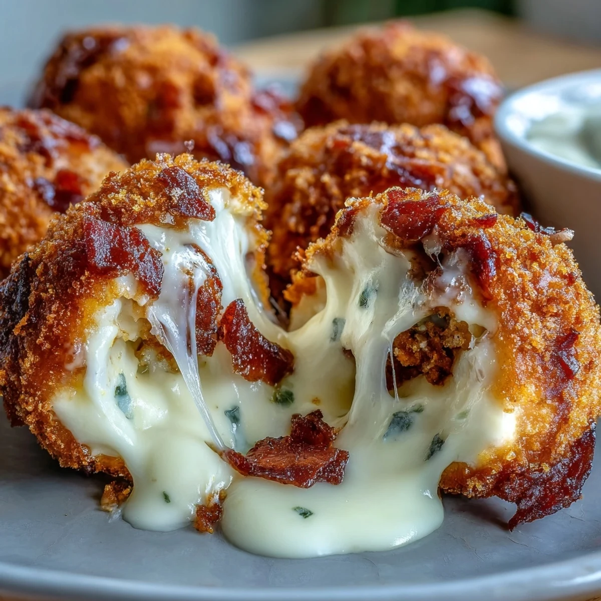 Freshly baked Buffalo Chicken Bacon Mozzarella Bombs with a crunchy panko crust, revealing melted mozzarella and bacon filling.