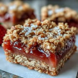 Golden baked strawberry rhubarb crumble bars piled high, ready to serve.