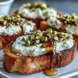 Golden toasted bread topped with airy whipped ricotta, honey, and crunchy pistachios.