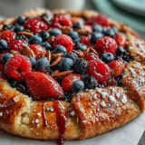 Rustic Summer Berry Galette with golden almond crust, bursting with fresh fruit.