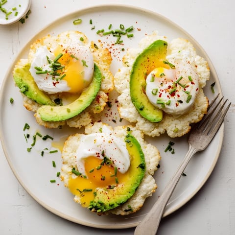 Pillowy Cloud Bread Breakfast Clouds with creamy avocado slices and a perfectly poached egg on top for a gluten-free morning meal.