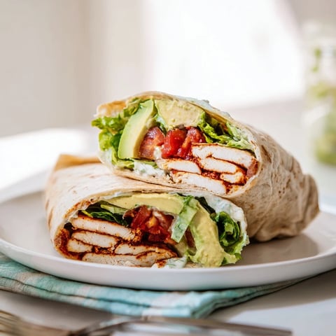 Golden-brown smoky chipotle chicken slices, creamy avocado, and crisp lettuce wrapped in a soft flour tortilla, drizzled with tangy Greek yogurt sauce.