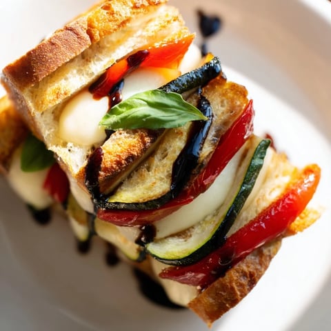 Golden, crispy sourdough slices reveal layers of roasted zucchini, red and yellow peppers, melted mozzarella, juicy tomato, and fresh basil in this Roasted Veggie Caprese Grilled Cheese.