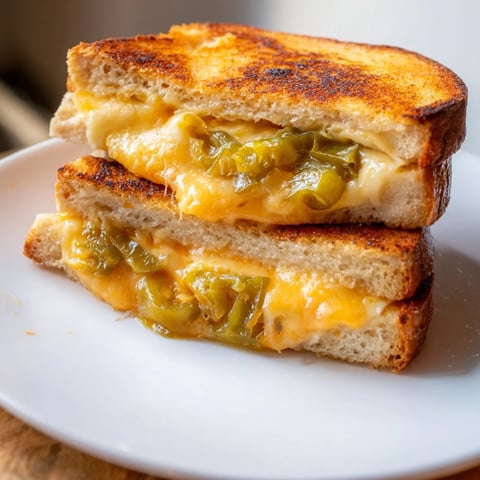 Golden-brown sourdough grilled cheese sandwich oozing melted pepper jack cheese and studded with pickled jalapeño slices.
