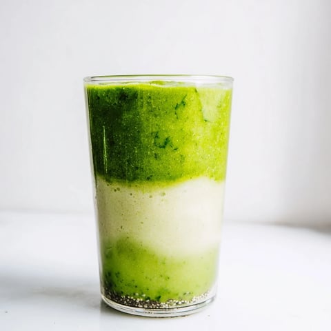 A tall glass of vibrant green detox smoothie, garnished with fresh mint and chia seeds, served for a refreshing morning beverage.