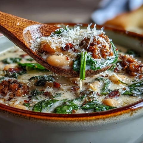 Steamy bowl of Epic Creamy Tuscan White Bean Soup With Sausage, topped with Parmesan and fresh spinach.