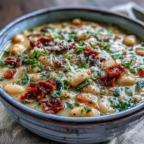 Creamy Tuscan White Bean Soup in a rustic bowl, garnished with crispy pancetta and fresh basil, steam rising.