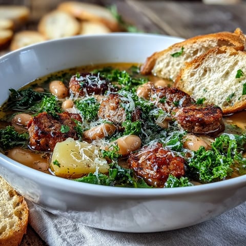A close-up of Tuscan White Bean Sausage Soup in a rustic bowl, topped with melted Parmesan cheese.