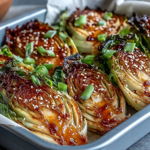 Golden brown Miso Butter Roasted Cabbage Wedges drizzled with savory glaze on a white plate.