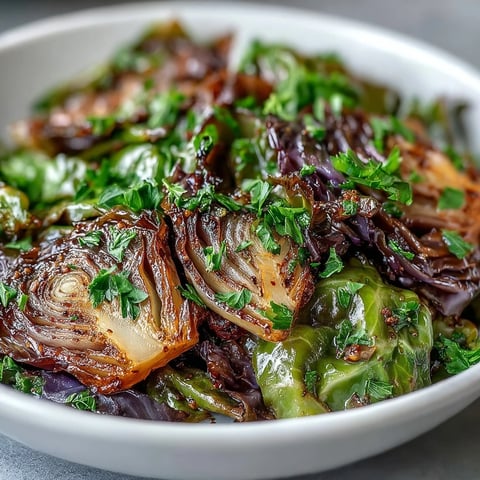Sautéed Cabbage With Garlic and Mediterranean Spices sizzling in a skillet, seasoned with cumin and paprika and topped with fresh parsley, served with lemon wedges.