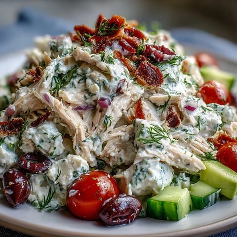 Freshly made Tzatziki Chicken Salad with tender shredded chicken, creamy yogurt, and crisp diced cucumbers.